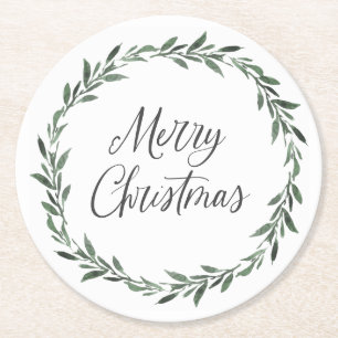 Dessous De Verre Rond Joyeux Noël Simple Rustique Aquarelle Verdure