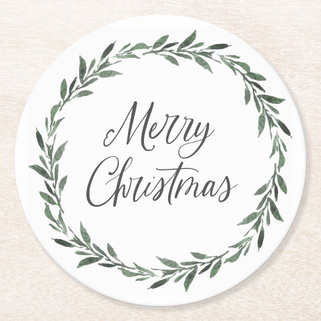 Dessous De Verre Rond Joyeux Noël Simple Rustique Aquarelle Verdure (Devant)