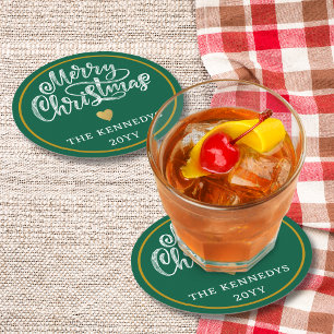 Dessous De Verre Rond Joyeux Noël Vert Blanc Or