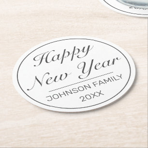 Dessous De Verre Rond Joyeux Nouvel An Moderne Minimaliste Blanc Noir