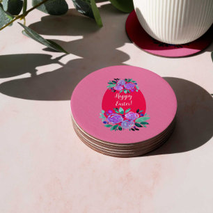 Dessous De Verre Rond Joyeux oeuf rose fleuri à l'aquarelle de Pâques