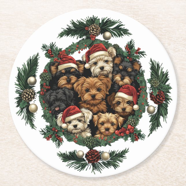 Dessous De Verre Rond Joyeux Yorkshire Terrier Chiens de Noël (Devant)