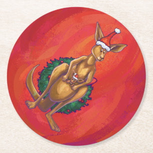 Dessous De Verre Rond Kangaroo Xmas En Rouge