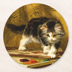 Dessous De Verre Rond Kitten avec peinture et brosses