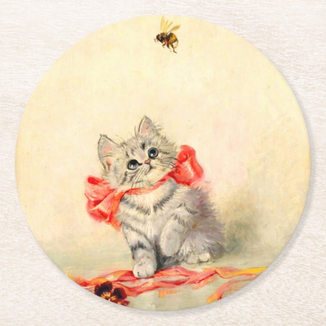 Dessous De Verre Rond Kitten avec ruban rouge (Devant)