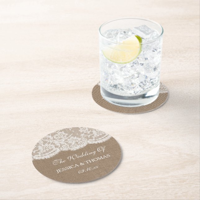 Dessous De Verre Rond La collection de Mariages Burlap & Lace (En situation)