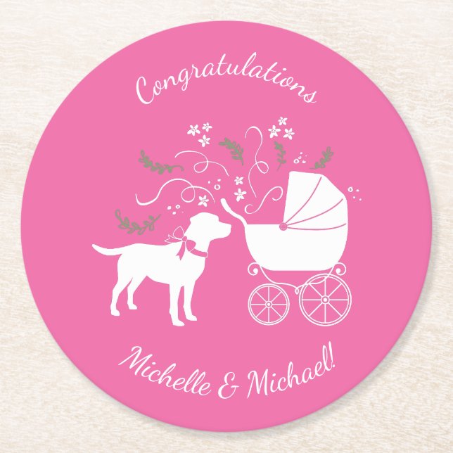 Dessous De Verre Rond Labrador Theme Chien Baby shower Pink Lab (Devant)