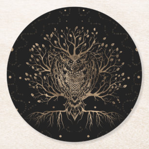Dessous De Verre Rond L'Arbre des Chouettes d'Or