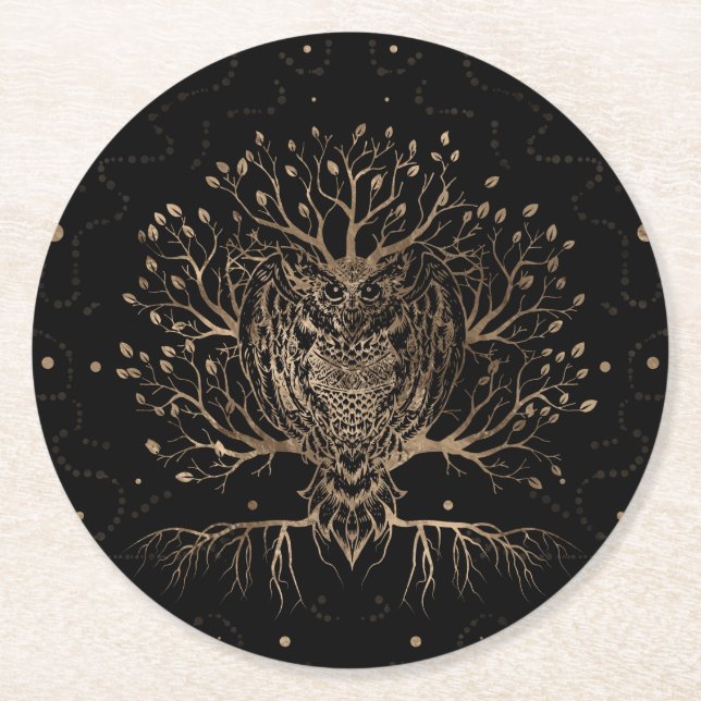 Dessous De Verre Rond L'Arbre des Chouettes d'Or (Devant)