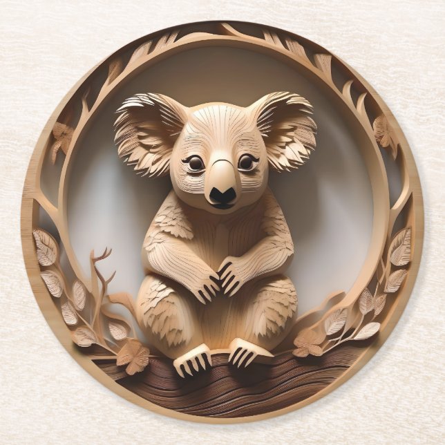 Dessous De Verre Rond L'Australien Koala Bear Wood Carving, (Devant)
