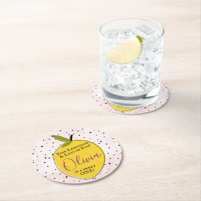 Dessous De Verre Rond Lemonade rose moderne 1er anniversaire (En situation)
