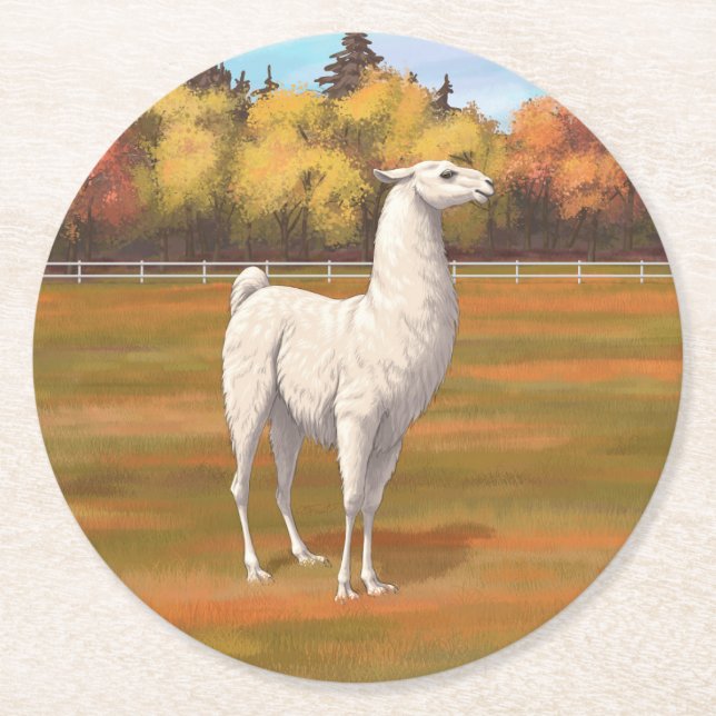 Dessous De Verre Rond Llama blanche dans les pâturages agricoles d'autom (Devant)
