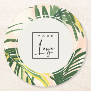Dessous De Verre Rond Logo de plage aux feuilles de palmier tropical ver