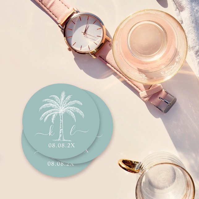 Dessous De Verre Rond Logo du Mariage Monogramme personnalisé Palm Tree (Créateur téléchargé)