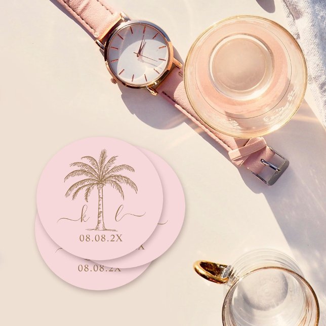 Dessous De Verre Rond Logo du Mariage Monogramme personnalisé Palm Tree (Créateur téléchargé)