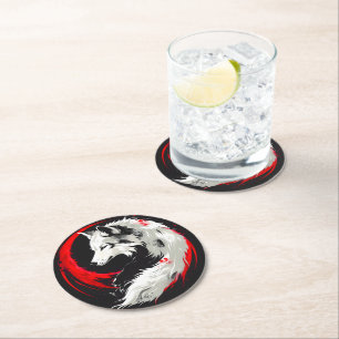 Dessous De Verre Rond Loup blanc rouge lunaire