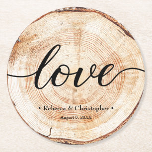 Dessous De Verre Rond Love Script Bois Slice Mariage rustique