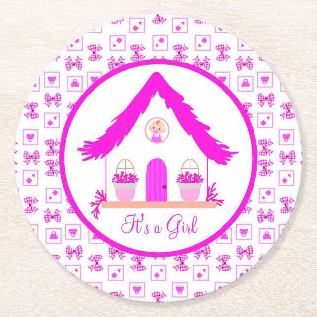 Dessous De Verre Rond Maison rose personnalisée C'est une fille (Devant)