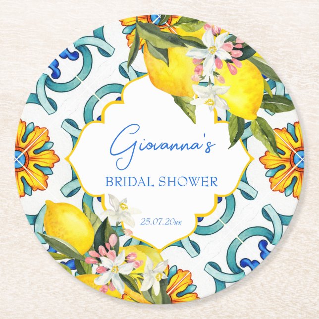 Dessous De Verre Rond Majolica tuiles citrons douche nuptiale faveurs (Devant)