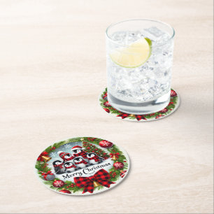 Dessous De Verre Rond Manchot à carreaux de Noël
