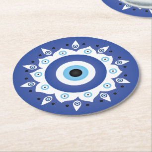 Dessous De Verre Rond Mandala Grec Mal Oeil Bleu Blanc