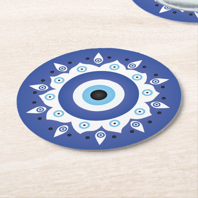 Dessous De Verre Rond Mandala Grec Mal Oeil Bleu Blanc (Incliné)