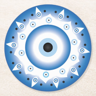 Dessous De Verre Rond Mandala Grec Mal Oeil Bleu Blanc