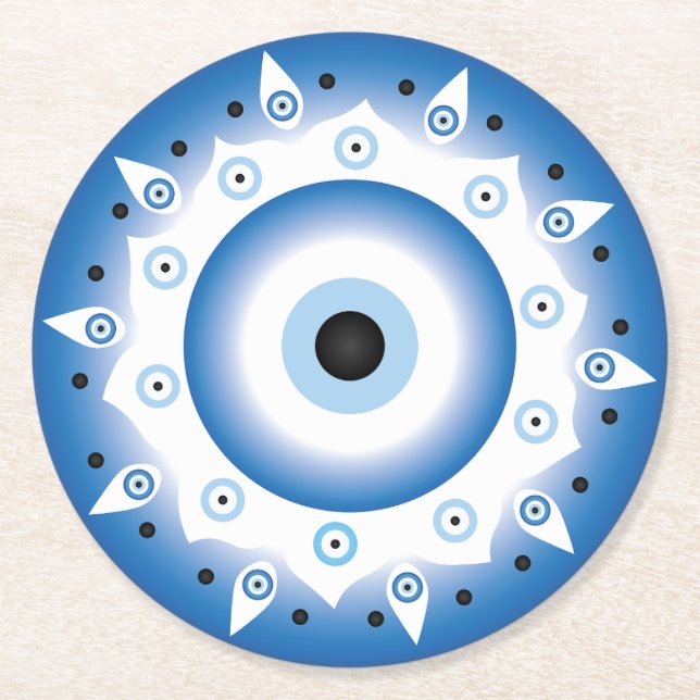 Dessous De Verre Rond Mandala Grec Mal Oeil Bleu Blanc (Devant)