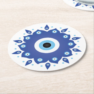 Dessous De Verre Rond Mandala Grec Mal Oeil Bleu Blanc