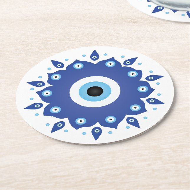 Dessous De Verre Rond Mandala Grec Mal Oeil Bleu Blanc (Incliné)