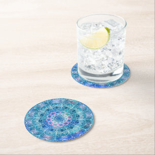 Dessous De Verre Rond Mandala White Outline bleu Aquarelle -