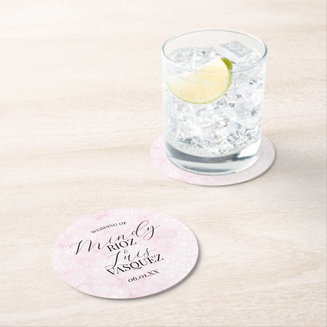 Dessous De Verre Rond Marble Abstract Pink Wedding Script Black  (En situation)