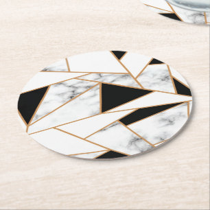 Dessous De Verre Rond Marbre blanc géométrique en or