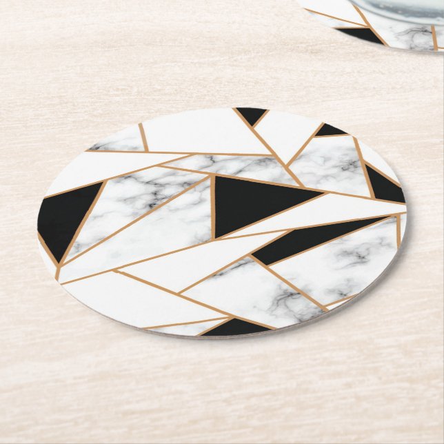 Dessous De Verre Rond Marbre blanc géométrique en or (Incliné)