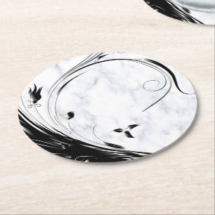 Dessous De Verre Rond Marbre blanc, Graphique en fibre noire