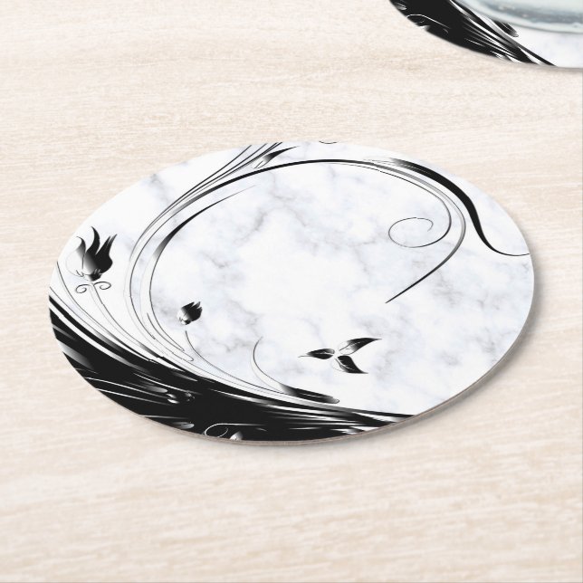 Dessous De Verre Rond Marbre blanc, Graphique en fibre noire (Incliné)