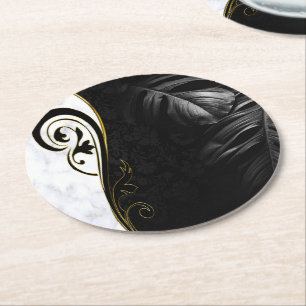 Dessous De Verre Rond Marbre blanc, Noir, Filigree Or Graphique