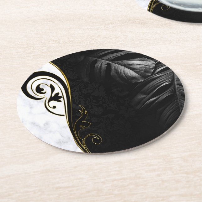 Dessous De Verre Rond Marbre blanc, Noir, Filigree Or Graphique (Incliné)