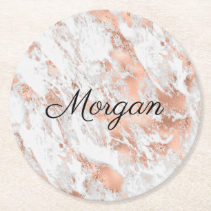 Dessous De Verre Rond Marbre d'or blanc et Rose, Nom de script noir, Vs