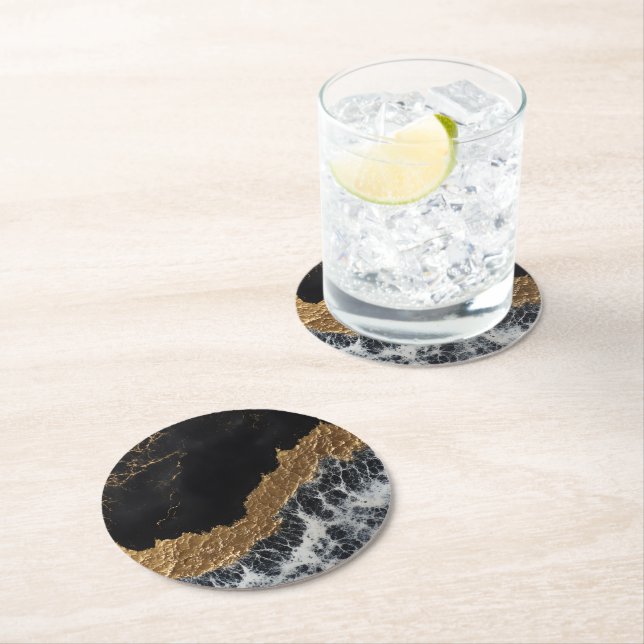 Dessous De Verre Rond Marbre d'or noir (En situation)