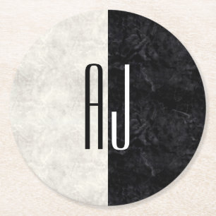 Dessous De Verre Rond Marbre Noir et Blanc Monogramme Initial