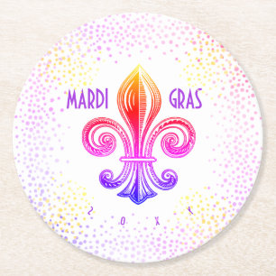 Dessous De Verre Rond Mardi Gras Arc-en-ciel Fleur De Lis avec Confetti