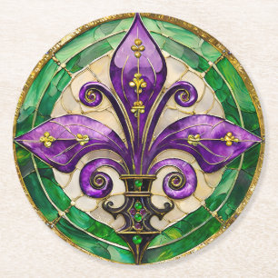 Dessous De Verre Rond Mardi Gras Vitrail Fleur de lis