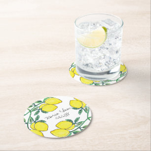 Dessous De Verre Rond Mariage à l'aquarelle Citron Script