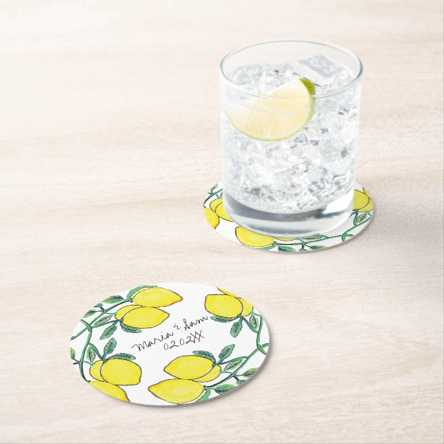 Dessous De Verre Rond Mariage à l'aquarelle Citron Script (En situation)