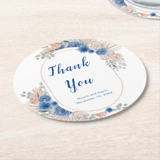 Dessous De Verre Rond Mariage à l'herbe de Pampas Bleu Boho (Incliné)