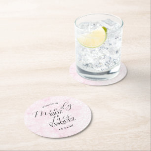 Dessous De Verre Rond Mariage Abstrait Rose Script Noir 