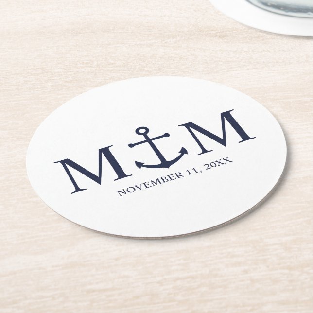 Dessous De Verre Rond Mariage Ancre bleu marine (Incliné)