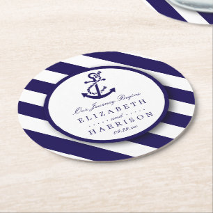 Dessous De Verre Rond Mariage Ancre bleu marine