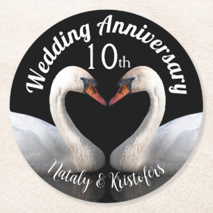 Dessous De Verre Rond Mariage Anniversaire deux cygnes Noir